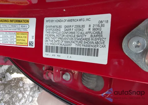 2018 Honda Accord Sport from USA, damaged, VIN 1HGCV1F34JA222057